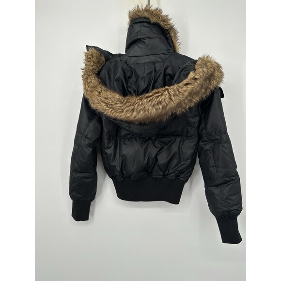 Y2K jacket zip Fur Hood Puffer Jacket XS Crop Bomber Black Down Express - Picture 6 of 14